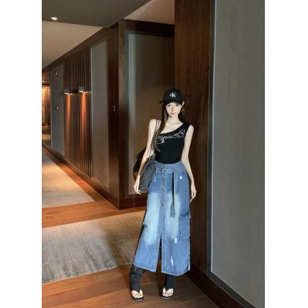 FA37395# 牛仔半身裙女新款宽松复古高级感开叉工装中长裙 服裝批發女裝批發服飾貨源