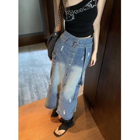 FA37395# 牛仔半身裙女新款宽松复古高级感开叉工装中长裙 服裝批發女裝批發服飾貨源