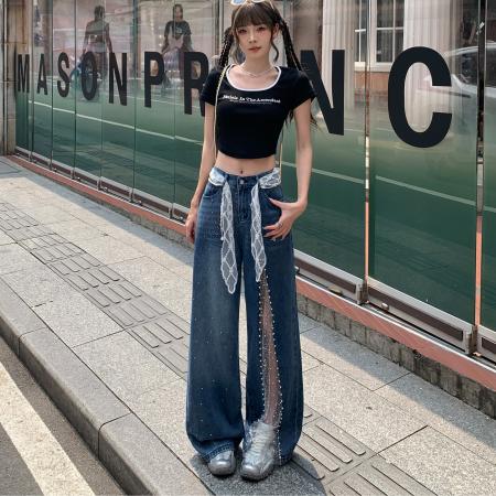 FA37396# 蕾丝拼接烫钻牛仔裤水洗小众百搭设计感开叉珍珠阔腿裤 服裝批發女裝批發服飾貨源