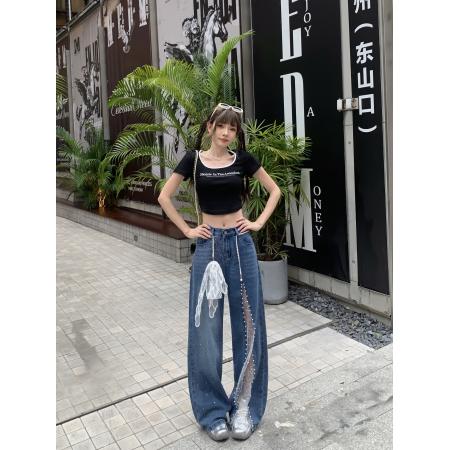 FA37396# 蕾丝拼接烫钻牛仔裤水洗小众百搭设计感开叉珍珠阔腿裤 服裝批發女裝批發服飾貨源