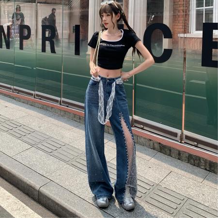 FA37396# 蕾丝拼接烫钻牛仔裤水洗小众百搭设计感开叉珍珠阔腿裤 服裝批發女裝批發服飾貨源