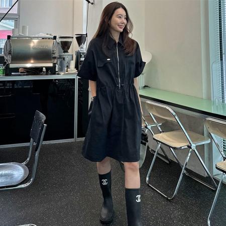 FA37405# 小清新翻领橡筋收腰拉链门禁中裙纯色休闲中长薄款连衣裙大码 服裝批發女裝批發服飾貨源