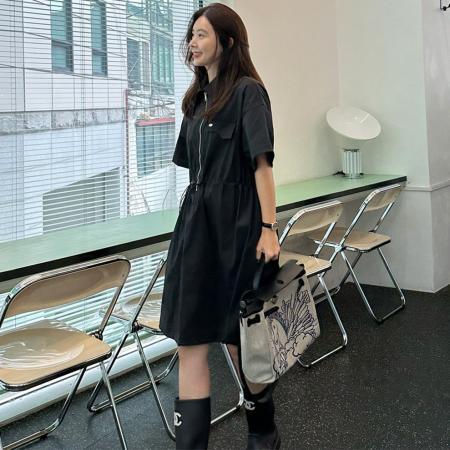 FA37405# 小清新翻领橡筋收腰拉链门禁中裙纯色休闲中长薄款连衣裙大码 服裝批發女裝批發服飾貨源