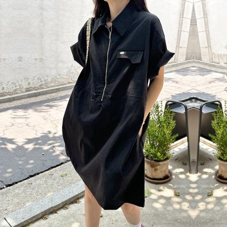 FA37405# 小清新翻领橡筋收腰拉链门禁中裙纯色休闲中长薄款连衣裙大码 服裝批發女裝批發服飾貨源