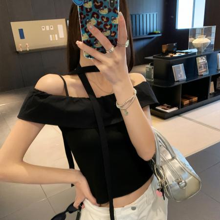 FA37407# 黑色绑带吊带背心女夏季新款辣妹修身短款无袖露肩 服裝批發女裝批發服飾貨源