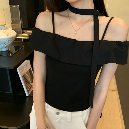 FA37407# 黑色绑带吊带背心女夏季新款辣妹修身短款无袖露肩 服裝批發女裝批發服飾貨源