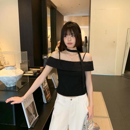 FA37407# 黑色绑带吊带背心女夏季新款辣妹修身短款无袖露肩 服裝批發女裝批發服飾貨源