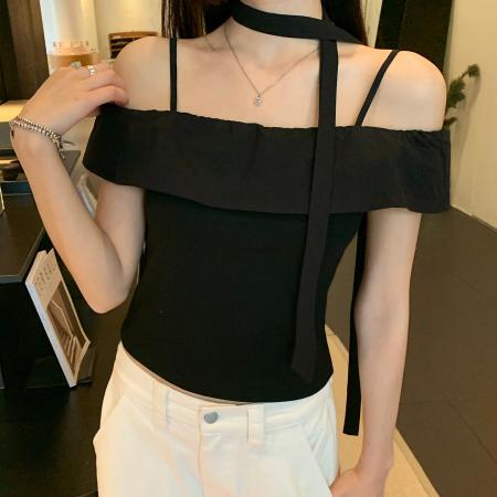 FA37407# 黑色绑带吊带背心女夏季新款辣妹修身短款无袖露肩 服裝批發女裝批發服飾貨源