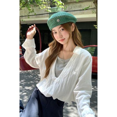 FA37413# 白色翻领长袖衬衫女早秋新款设计高级感宽松短款假两件上衣 服裝批發女裝批發服飾貨源