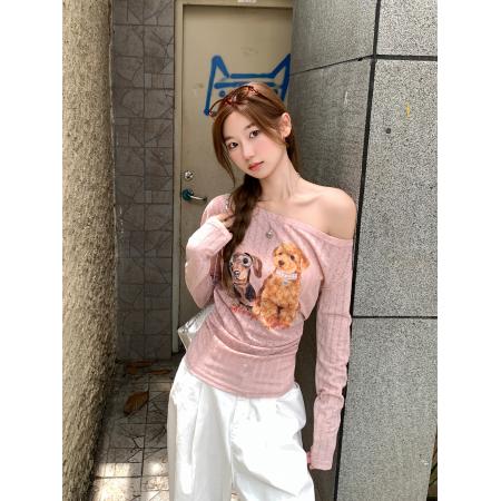 FA37414# 卡通印花斜领长袖t恤女早秋新款辣妹修身显瘦露肩短款小上衣 服裝批發女裝批發服飾貨源