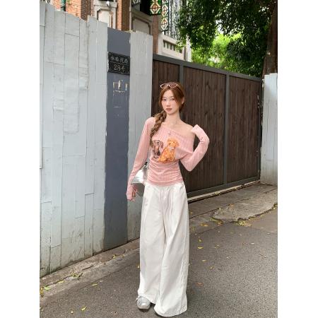 FA37414# 卡通印花斜领长袖t恤女早秋新款辣妹修身显瘦露肩短款小上衣 服裝批發女裝批發服飾貨源