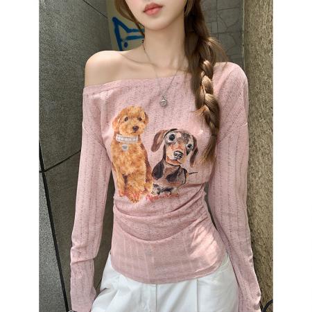 FA37414# 卡通印花斜领长袖t恤女早秋新款辣妹修身显瘦露肩短款小上衣 服裝批發女裝批發服飾貨源