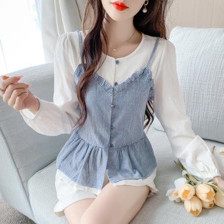 FA37417# 时尚洋气假两件长袖上季新款气质V领百搭 服裝批發女裝批發服飾貨源