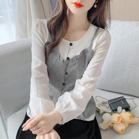 FA37417# 时尚洋气假两件长袖上季新款气质V领百搭 服裝批發女裝批發服飾貨源