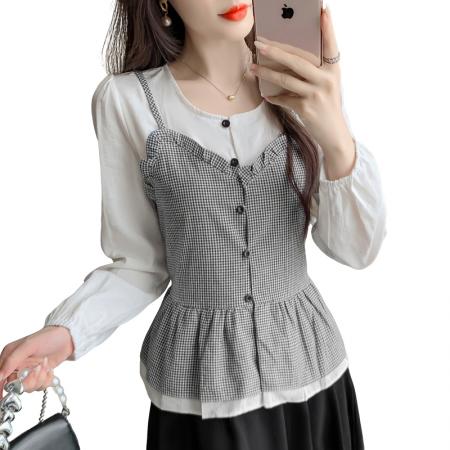 FA37417# 时尚洋气假两件长袖上季新款气质V领百搭 服裝批發女裝批發服飾貨源