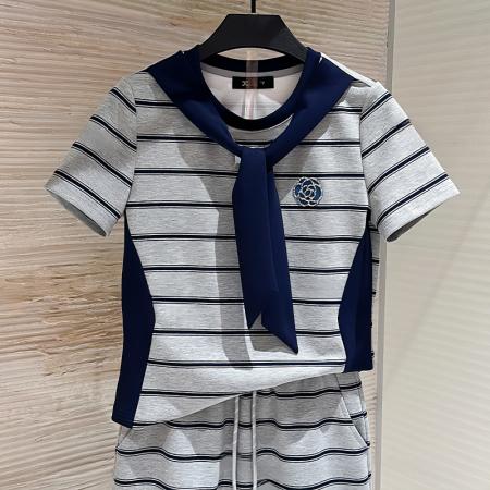 FA37418# 纯棉学院风时髦套装女夏季宽松显瘦条纹上衣短裙两件套 服裝批發女裝批發服飾貨源