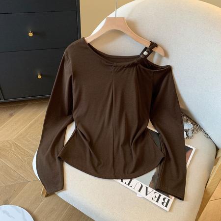 FA37423# 秋季新款法式露肩设计感修身长袖T恤女辣妹打底衫上衣 服裝批發女裝批發服飾貨源