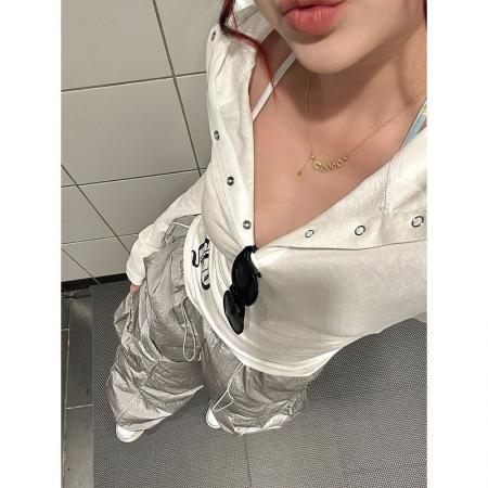 FA37424# 韩国外贸新款美式辣妹薄款连帽防晒外套女印花修身显瘦T恤上衣 服裝批發女裝批發服飾貨源