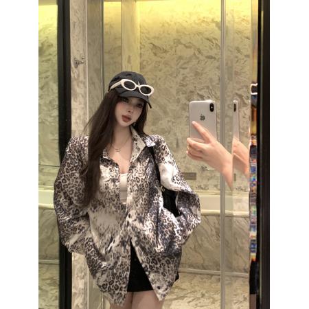 FA37426# 辣妹风复古豹纹印花设计感毛边做旧宽松显瘦长袖衬衫上衣 服裝批發女裝批發服飾貨源