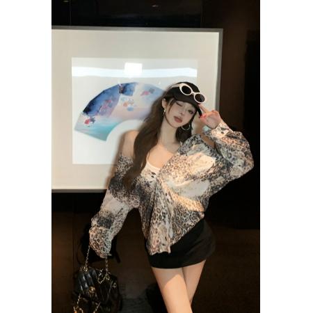FA37426# 辣妹风复古豹纹印花设计感毛边做旧宽松显瘦长袖衬衫上衣 服裝批發女裝批發服飾貨源