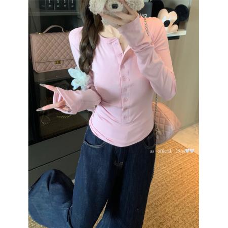 FA37428# 美式粉色长袖T恤早春新款辣妹内搭打底衫显瘦上衣 服裝批發女裝批發服飾貨源