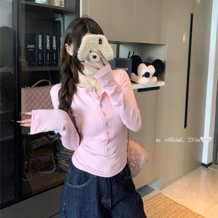 FA37428# 美式粉色长袖T恤早春新款辣妹内搭打底衫显瘦上衣 服裝批發女裝批發服飾貨源
