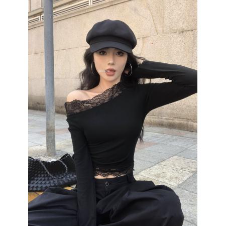 FA37429# 性感一字肩上衣女秋冬高级感斜肩长袖t恤蕾丝打底衫内搭 服裝批發女裝批發服飾貨源