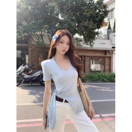 FA37431# V领短袖T恤女装夏季新款系带收腰显瘦上衣女ins 服裝批發女裝批發服飾貨源