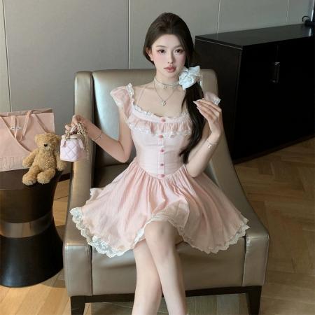 FA37433# 粉色少女漂亮独特连衣裙女夏季小个子收腰显瘦公主裙 服裝批發女裝批發服飾貨源
