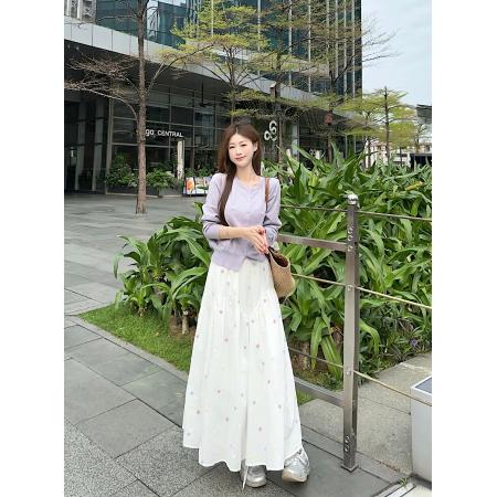 FA37434# 刺绣碎花白色半身裙夏季a字百褶裙中长款高腰大摆裙 服裝批發女裝批發服飾貨源