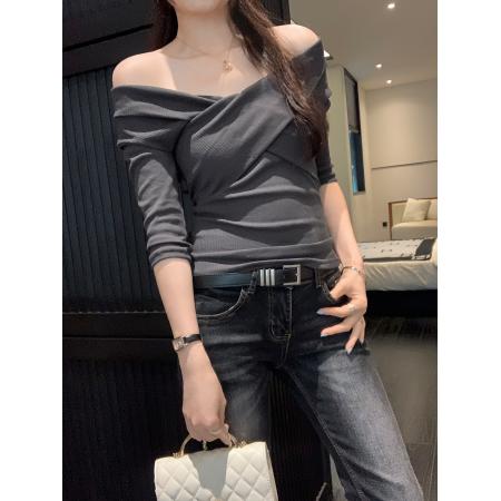 FA37438# 图高级设计感交叉v领中袖修身针织衫女夏季新款独特上衣 服裝批發女裝批發服飾貨源