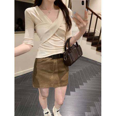 FA37438# 图高级设计感交叉v领中袖修身针织衫女夏季新款独特上衣 服裝批發女裝批發服飾貨源