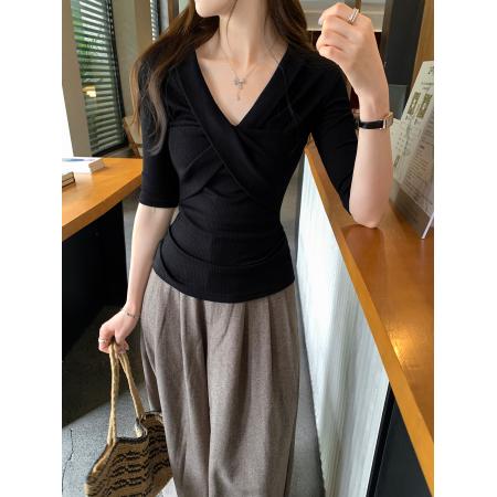 FA37438# 图高级设计感交叉v领中袖修身针织衫女夏季新款独特上衣 服裝批發女裝批發服飾貨源