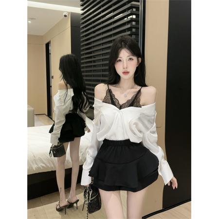 FA37442# 春秋POLO领拼接蕾丝肩两件宽松衬衣甜美松紧腰短裙辣妹两件套 服裝批發女裝批發服飾貨源