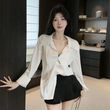 FA37442# 春秋POLO领拼接蕾丝肩两件宽松衬衣甜美松紧腰短裙辣妹两件套 服裝批發女裝批發服飾貨源