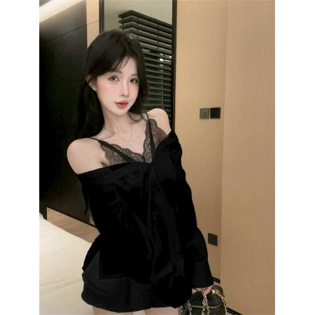 FA37442# 春秋POLO领拼接蕾丝肩两件宽松衬衣甜美松紧腰短裙辣妹两件套 服裝批發女裝批發服飾貨源