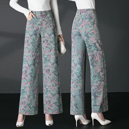 FA37450# 印花牛仔阔腿裤女秋季高腰显瘦牛仔裤宽松垂感宽腿裤子 服裝批發女裝批發服飾貨源