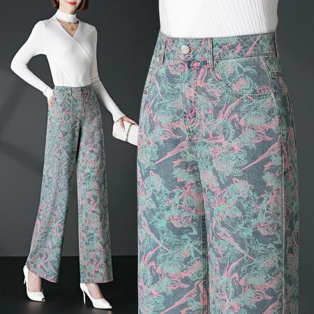 FA37450# 印花牛仔阔腿裤女秋季高腰显瘦牛仔裤宽松垂感宽腿裤子 服裝批發女裝批發服飾貨源