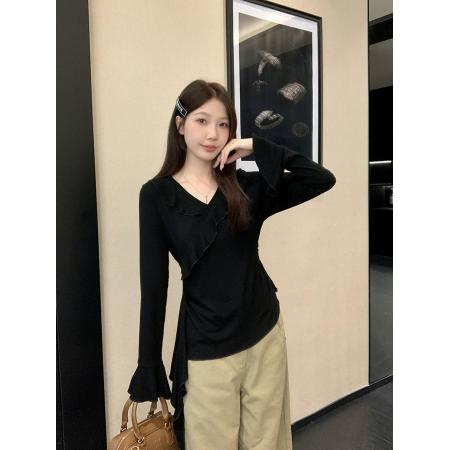 FA37458# 秋装新款胖mm大码女时尚v领荷叶边喇叭袖别致长袖上衣 服裝批發女裝批發服飾貨源