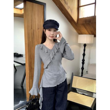 FA37458# 秋装新款胖mm大码女时尚v领荷叶边喇叭袖别致长袖上衣 服裝批發女裝批發服飾貨源