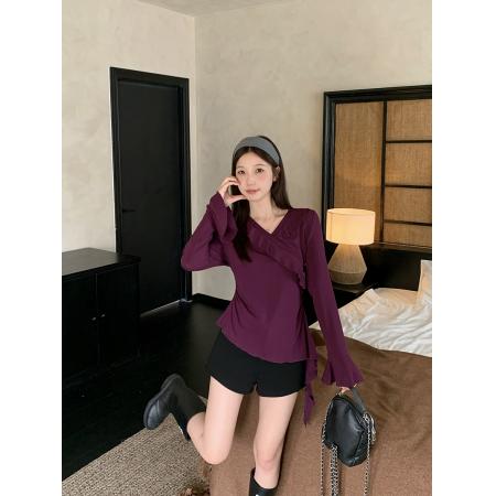 FA37458# 秋装新款胖mm大码女时尚v领荷叶边喇叭袖别致长袖上衣 服裝批發女裝批發服飾貨源