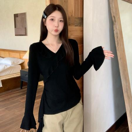 FA37458# 秋装新款胖mm大码女时尚v领荷叶边喇叭袖别致长袖上衣 服裝批發女裝批發服飾貨源