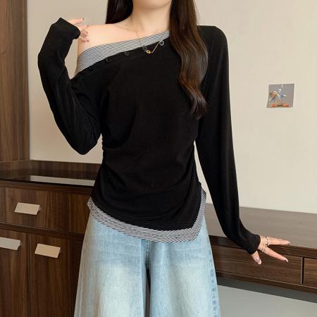 FA37459# 秋装新款胖mm大码女撞色斜领拼接条纹不规则长袖T恤 服裝批發女裝批發服飾貨源