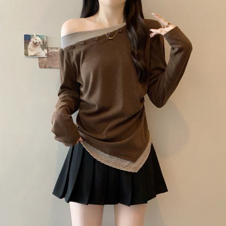 FA37459# 秋装新款胖mm大码女撞色斜领拼接条纹不规则长袖T恤 服裝批發女裝批發服飾貨源