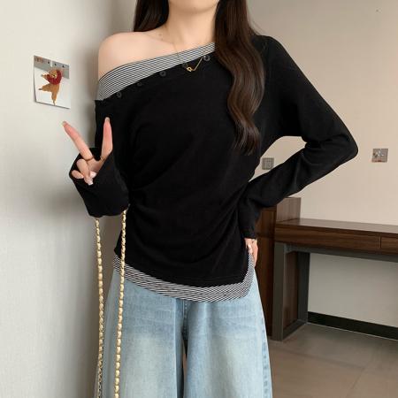 FA37459# 秋装新款胖mm大码女撞色斜领拼接条纹不规则长袖T恤 服裝批發女裝批發服飾貨源