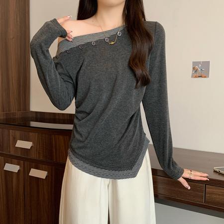 FA37459# 秋装新款胖mm大码女撞色斜领拼接条纹不规则长袖T恤 服裝批發女裝批發服飾貨源