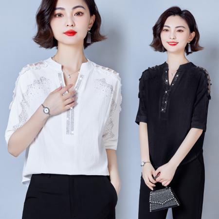 FA37465# 秋季新款时尚烫钻复古港味微透露肩V领蝙蝠袖宽松显瘦 服裝批發女裝批發服飾貨源