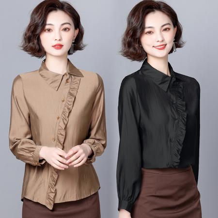 FA37466# 春秋新款时尚洋气荷叶边长袖衬衫不规则设计感上衣 服裝批發女裝批發服飾貨源