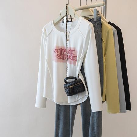 FA37468# 大码女装秋季新款轻职风显瘦字母长袖T恤上衣 服裝批發女裝批發服飾貨源