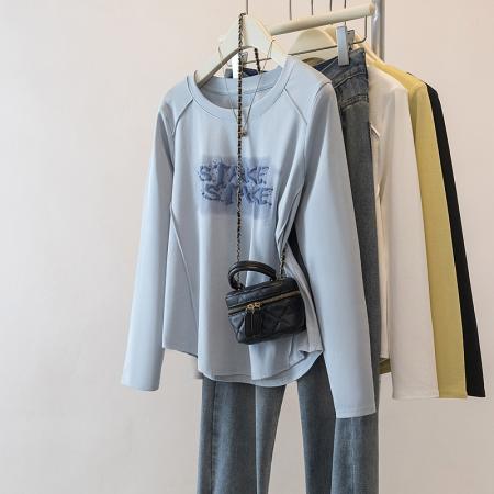 FA37468# 大码女装秋季新款轻职风显瘦字母长袖T恤上衣 服裝批發女裝批發服飾貨源